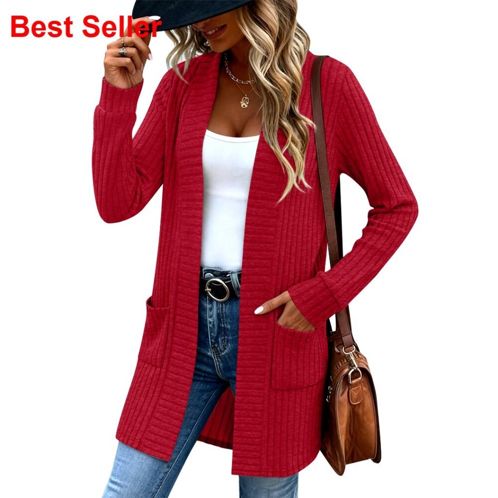 Long Cardigan Sweater with Patch Pockets, Open Front, Ribbed Knit Coatigan